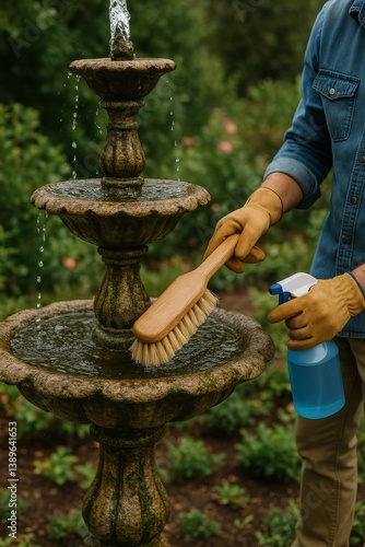 Garden Fountain Cleaning With Brush and Spray Bottle in a Lush Backyard