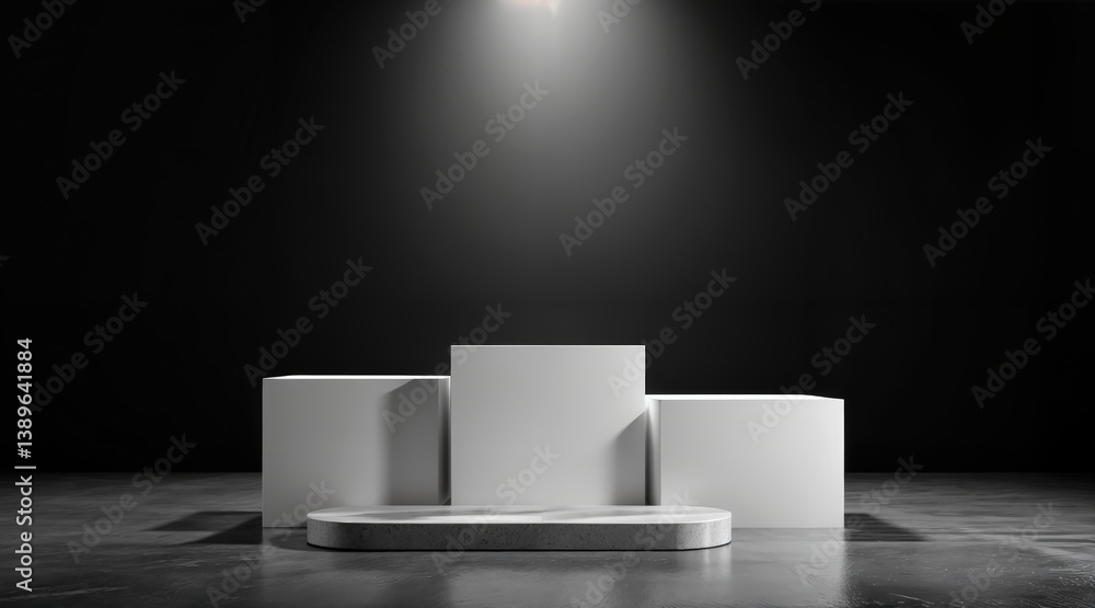 Three numbered podium blocks in white on dark surface with centered spotlight and soft shadows Three numbered podium blocks in white on dark surface with centered spotlight and soft shadows
