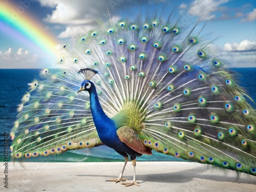 peacock with feathers out and rainbow