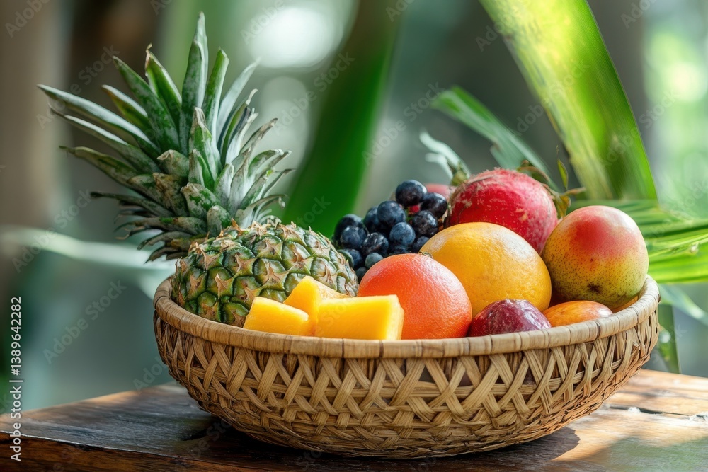 Assorted tropical fruit in handcrafted bamboo basket, soft natural lighting Assorted tropical fruit in handcrafted bamboo basket, soft natural lighting