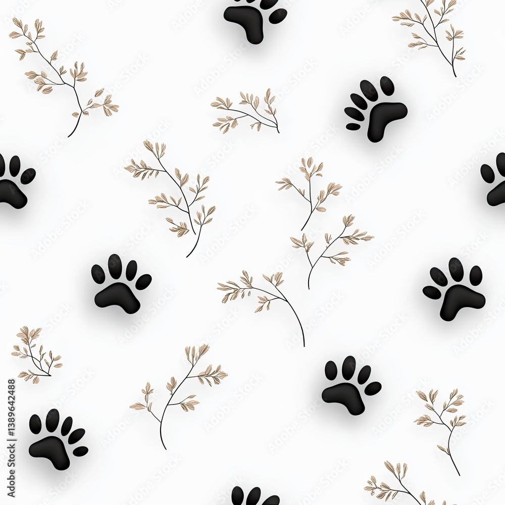 This design features a seamless arrangement of black cat paw prints scattered across a clean white surface, showcasing high detail SEAMLESS PATTERN