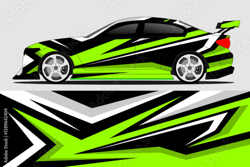 Sleek black and green sports car with dynamic racing stripes showcased against a minimalist background