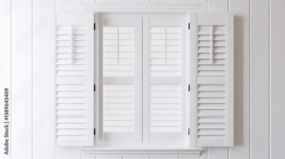 White shutters on a window, bright light, light-filled room White shutters on a window, bright light, light-filled room