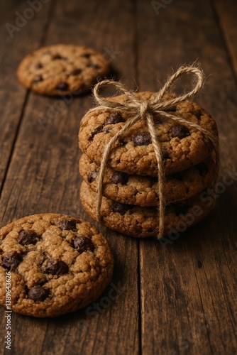 Delicious Chocolate Chip Cookies Stacked With String on a Rustic Wooden Surface