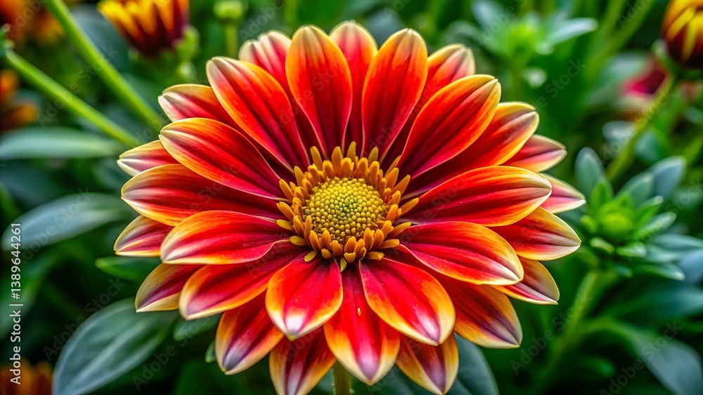 Vibrant Close-Up of Red and Yellow Dahlia Flower in Full Bloom with Green Foliage Background Vibrant Close-Up of Red and Yellow Dahlia Flower in Full Bloom with Green Foliage Background