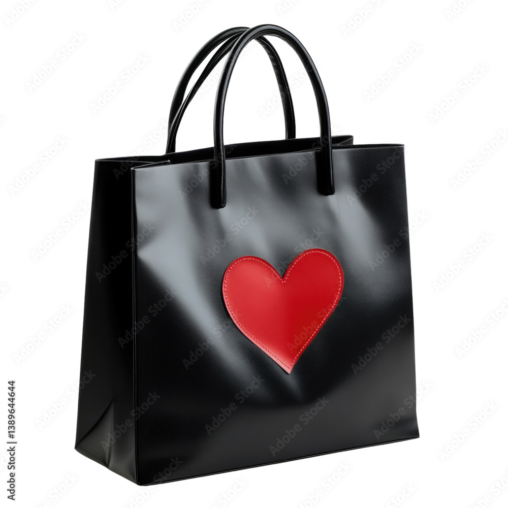 Stylish black tote bag with red heart design featured in a modern setting isolated on transparent background, cutout png Stylish black tote bag with red heart design featured in a modern setting isolated on transparent background, cutout png