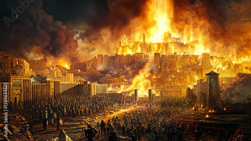Lot and his wife flee Sodom, on which fire falls from the sky, Lot's wife looks back at the city and turns into a pillar of salt