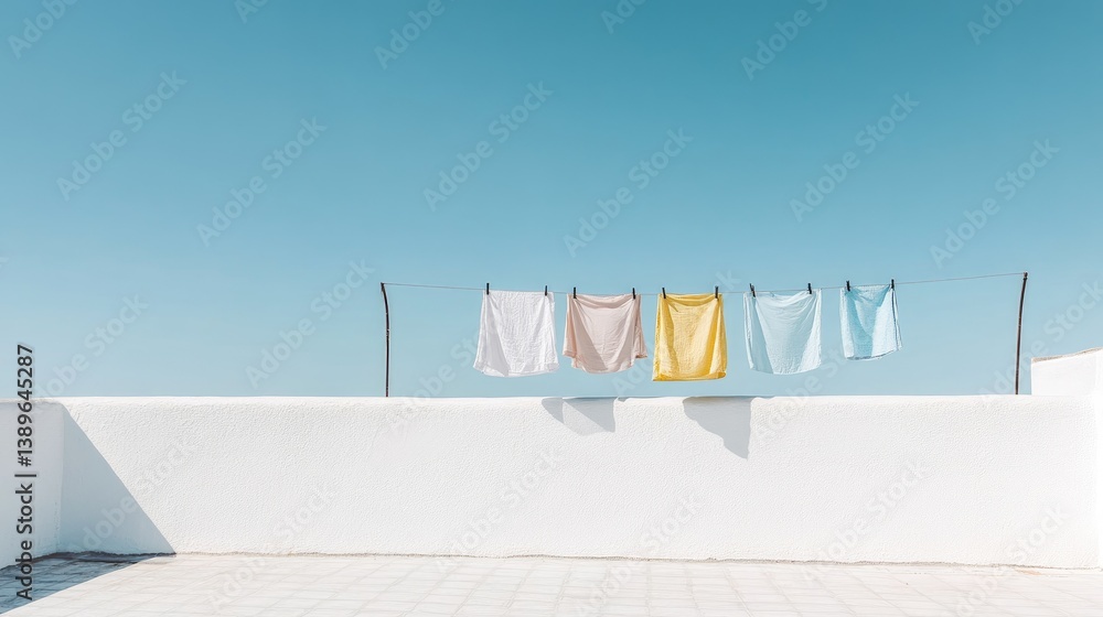Colorful Drying Laundry on a Clothesline under a Blue Sky in a Peaceful Outdoor Setting