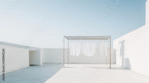Minimalist Rooftop Laundry Area with White Linen Hanging Against a Clear Sky in Bright Daylight