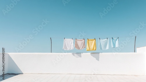 Obraz na płótnie Colorful Drying Laundry on a Clothesline under a Blue Sky in a Peaceful Outdoor Setting w salonie