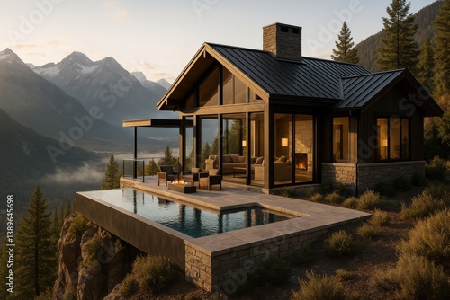 Modern Mountain Retreat With Stunning Views and Infinity Pool During Sunset