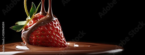 Strawberry immerses in dark chocolate, showcased under vibrant studio lighting, creating a mouthwatering visual delight