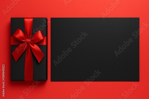 Elegant Black Gift Box With Red Ribbon on a Vibrant Red Background for Festiv...