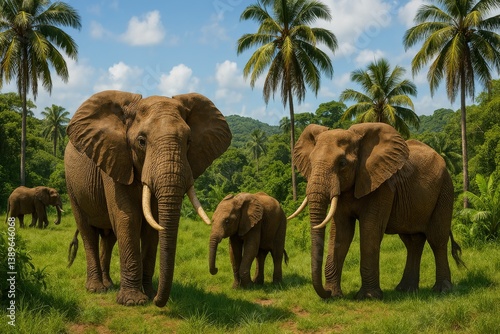 Majestic Elephants Roaming in a Lush Tropical Landscape During a Sunny Afternoon