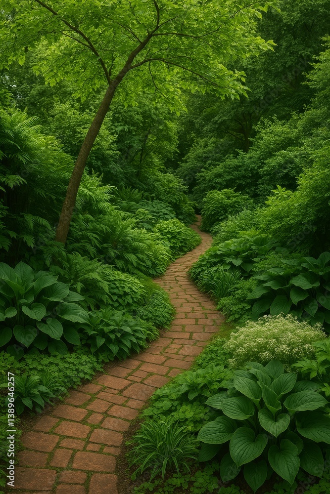 Obraz premium Pathway Winding Through Lush Green Foliage in a Serene Garden Setting During Daylight Hours