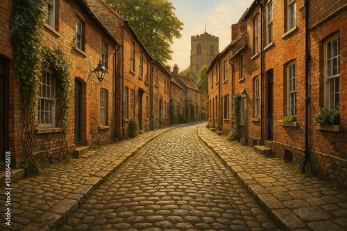 Cobblestone Street Lined With Historic Brick Houses in a Charming Village Dur...
