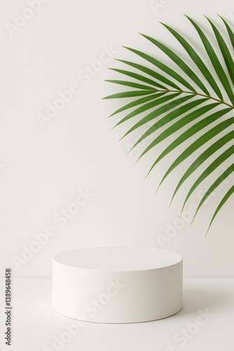 Minimalist Display With Round White Pedestal and Green Palm Leaf in Bright In...