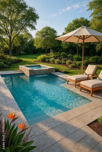 Relaxing Afternoon by the Garden Pool With Lounge Chairs and Umbrella