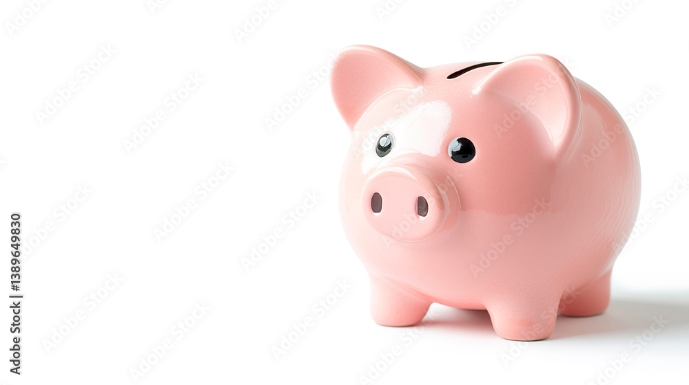 A pink piggy bank sits on a clean, white background, symbolizing financial security and saving, copy space for text A pink piggy bank sits on a clean, white background, symbolizing financial security and saving, copy space for text