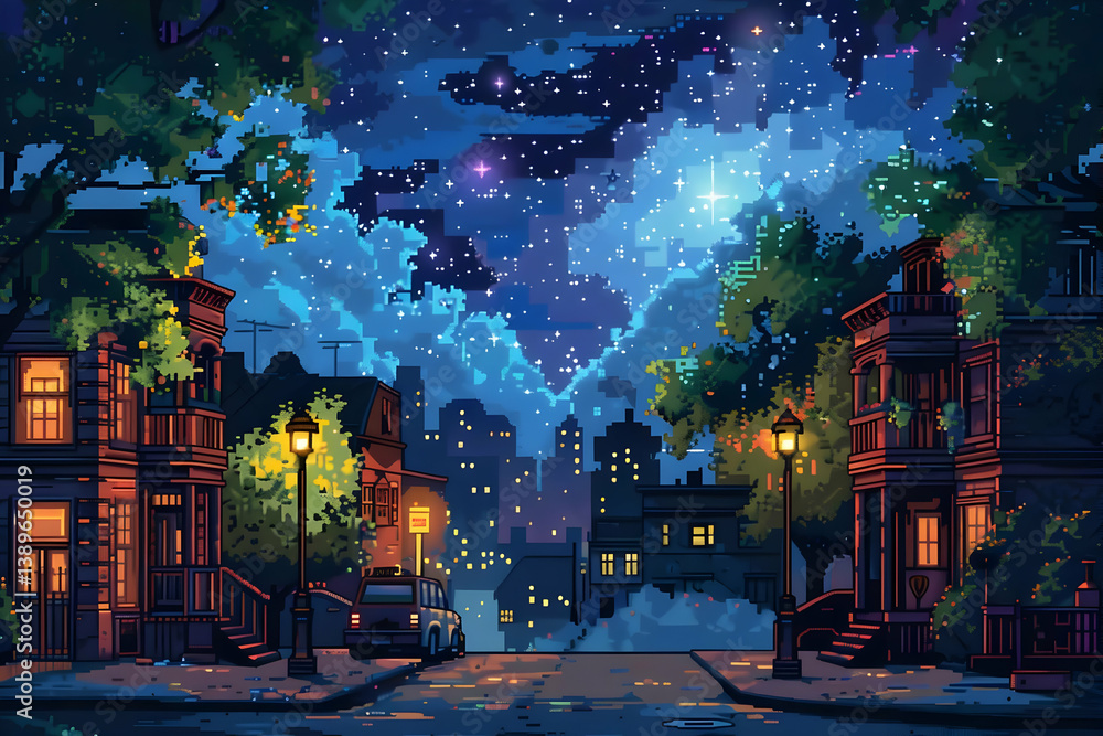 Naklejka premium Pixel Art Cityscape at Night with Starry Sky Illuminated Streetlamps and Building Facades