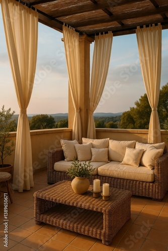 Cozy Terrace With Comfortable Seating and Soft Curtains During Golden Hour