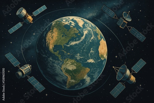 Earth Surrounded by Satellites in a Futuristic Space Environment