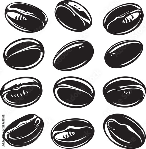Collection of Coffee bean silhouette vector black on white background