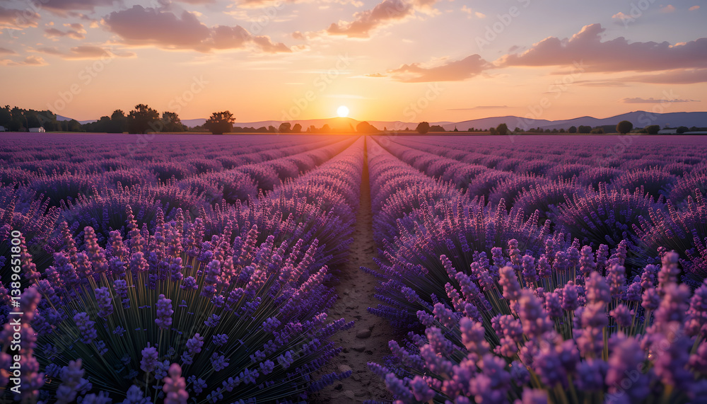 Naklejka premium Lavender Field at Sunset: Vibrant Purple Flowers and Golden Ligh