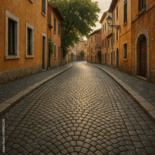 Cobblestone Street Winds Through Historic Buildings in a Serene Morning Light