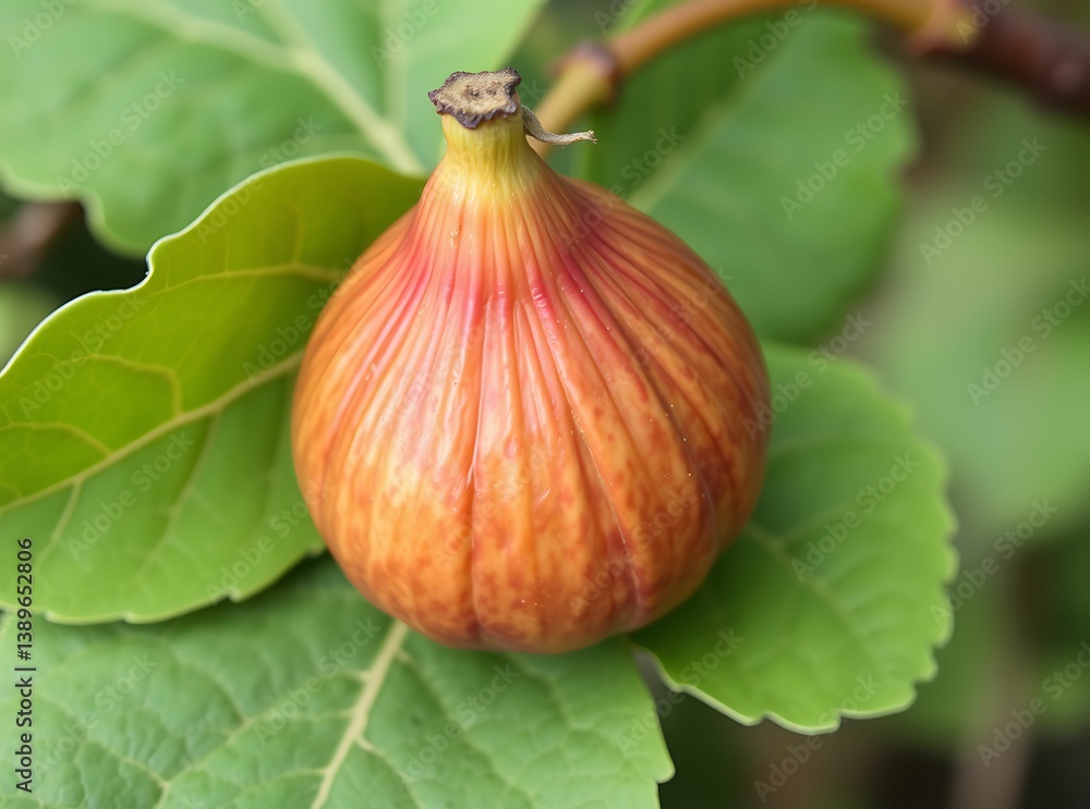 Obraz premium Close-up of a ripe fig attached to a branch with surrounding green leaves showcasing distinct textures.