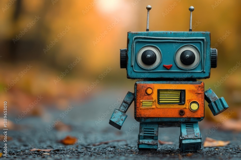 Fototapeta premium Cute vintage robot figurine in autumnal setting