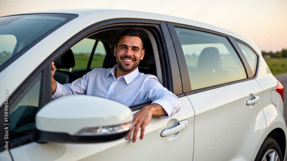 Smiling Hispanic man in a car, freedom of travel and adventure, perfect road trip for summer vacations Smiling Hispanic man in a car, freedom of travel and adventure, perfect road trip for summer vacations