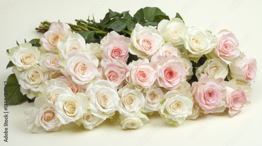 Fototapeta premium Bouquet of White and Pink Roses on Light Yellow Background, Symmetrical Composition with Soft Lighting for Romantic Atmosphere