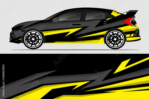 Sleek black and yellow sports car with dynamic graphics displayed side view against a neutral background