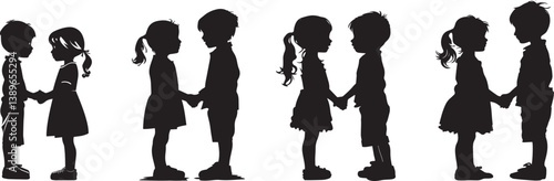 logo, black Silhouette of a little girl and a little boy holding hands, looging to each other,