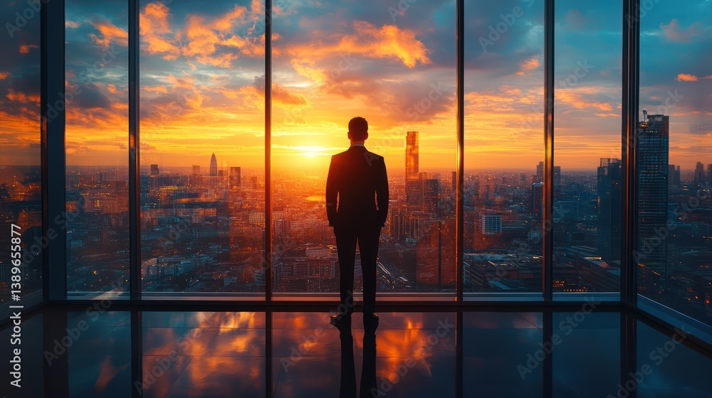Silhouette of a businessman looking out over a city at sunrise from office Silhouette of a businessman looking out over a city at sunrise from office