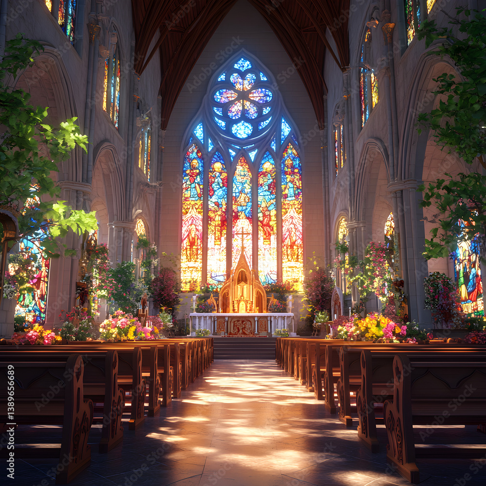 Fototapeta premium Majestic Church with Towering Spires and Vibrant Stained-Glass Windows Illuminating Serene Interior