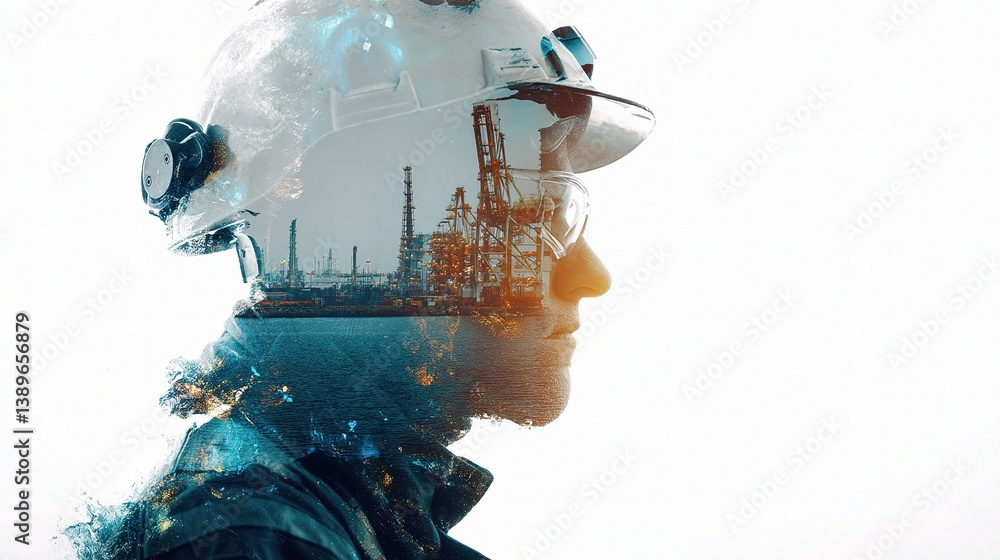 Double Exposure of Industrial Oil Worker in Safety Gear Double Exposure of Industrial Oil Worker in Safety Gear