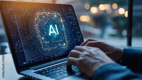 A person uses laptop displaying AI interface. The setting is office-like environment with soft background lights, emphasizing integration of artificial intelligence in professional workflows.