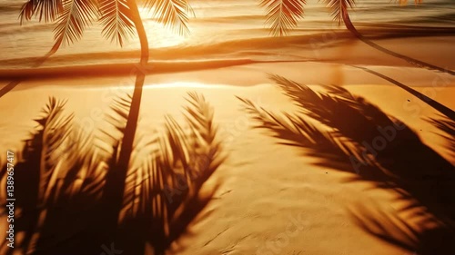 Video of golden hour palm tree shadows on a soft, sandy background, warm and relaxing vibes