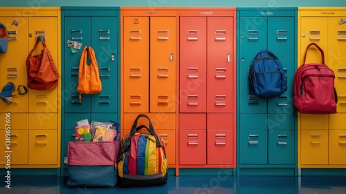 Colorful school lockers with backpacks and bags create a vibrant scene