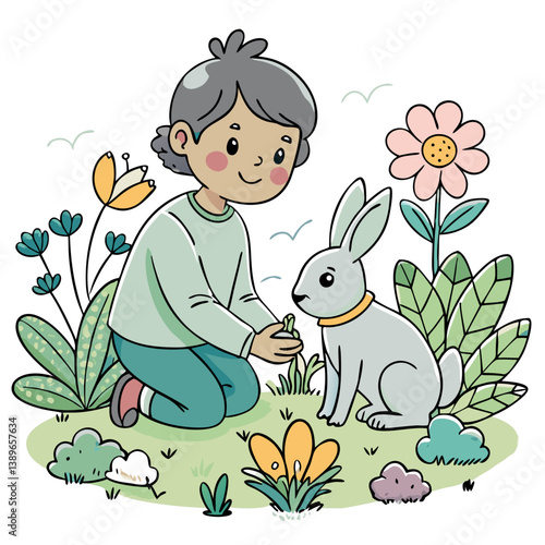 a little kid feeding a rabbit in the garden sitting on the floor. 