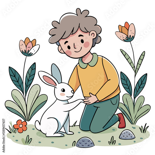 a little kid feeding a rabbit in the garden sitting on the floor. 