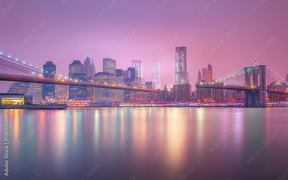Obraz premium New York City Night Skyline with Brooklyn Bridge, Iconic Landmarks, and Vibrant Skyscraper Lights in High-Resolution Color Photograph