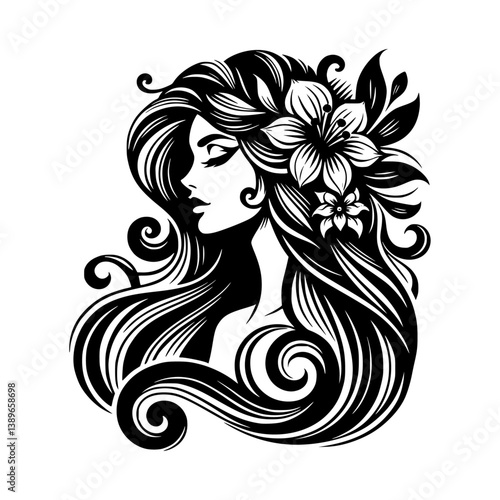 Vector illustration of an elegant woman with long flowing hair and floral embellishments.