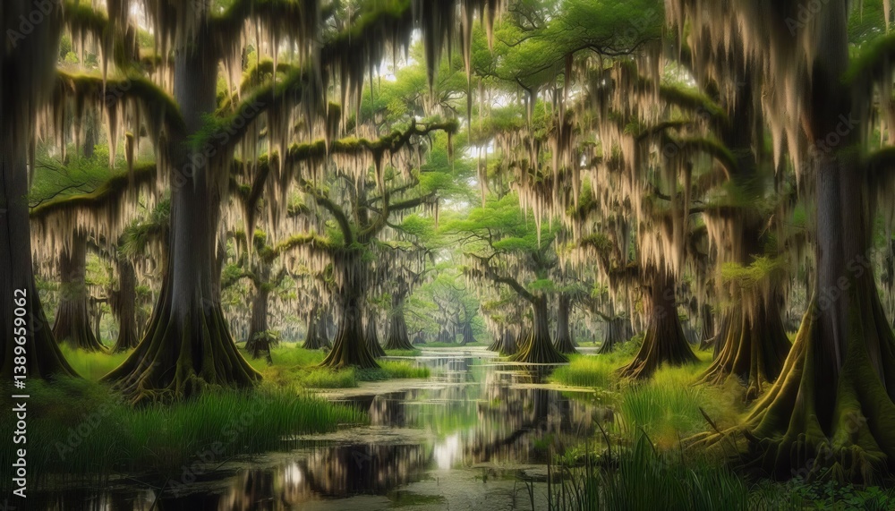 Lush Swamp A wetland filled with cypress trees draped in Spanish Lush Swamp A wetland filled with cypress trees draped in Spanish