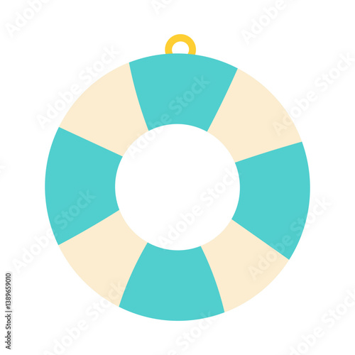 A blue and white life preserver with a yellow handle. The life preserver is round and has a hole in the middle