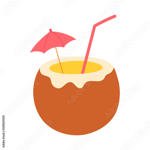 A cartoon of a coconut with a straw in it and a pink umbrella on top