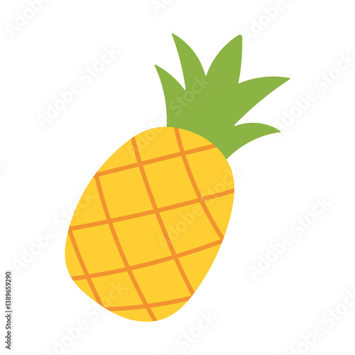 A cartoon pineapple with a green top. The pineapple is yellow and has a green top.