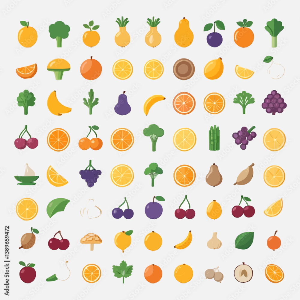 Obraz premium Flat colorful vegetable and fruit icons in grid layout on white canvas